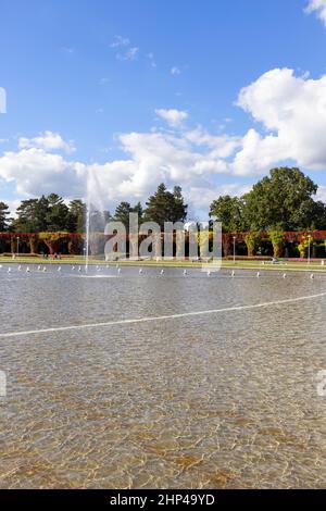 Breslau, Polen - 30. September 2021: Szczytnicki Park und Breslau Pergola mit bunten Blättern von virginia kriechen an einem sonnigen Tag, Multimedia Fountai Stockfoto