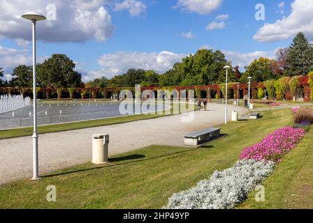 Breslau, Polen - 30. September 2021: Szczytnicki Park und Breslau Pergola mit bunten Blättern von virginia kriechen an einem sonnigen Tag, zu Fuß Menschen Stockfoto