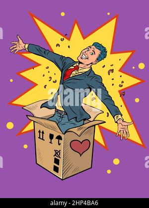 Bräutigam Mann Geschäftsmann Box valentine Überraschung Gruß, Liebe Romantik. Pop Art Retro Vektor Illustration 50s 60s Vintage Kitsch Style Stockfoto