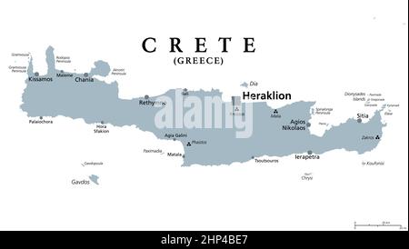 Kreta, griechische Insel, graue politische Landkarte, mit Hauptstadt Heraklion Stock Vektor