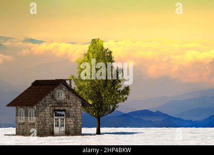 Die 3D Rendering Baum und Haus in voller Blatt im Winter gegen Himmel Stockfoto