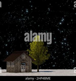 Die 3D Rendering Baum und Haus in voller Blatt im Winter gegen Himmel Stockfoto