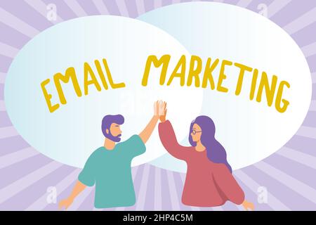 Textunterschrift mit E-Mail-Marketing, Internet-Konzept Senden einer Werbebotschaft an eine Gruppe von Sendungen per E-Mail Glückliche Kollegen Illustration Stockfoto