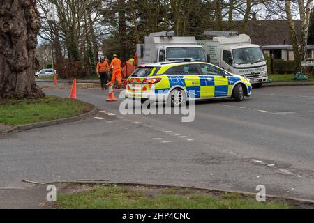 Brentwood, Großbritannien. 18th. Februar 2022. Brentwood Essex 18th Feb 2022 UK Wetter, Sturm Eunice; Straßen geschlossen und Stromleitungen wegen Sturm Eunice in Brentwood Essex Quelle: Ian Davidson/Alamy Live News Stockfoto