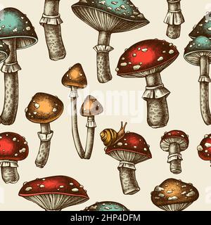 Wald Pilze nahtlose Muster Hintergrund-Design. Gravierte Ausführung. Von Hand gezogene Pilze, Fliegenpilze. Stock Vektor
