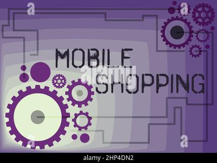 Hand schreiben Zeichen Mobile Shopping, Wort für die Ware mit einem Handy durchgeführt zu kaufen Illustration von Mechanic Gears miteinander verbunden Stockfoto