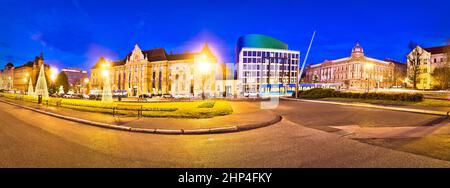 Zagreb. Platz der Republik Kroatien Abendpanorama, berühmte Wahrzeichen der Hauptstadt von Kroatien Stockfoto