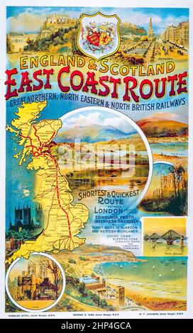 Great Northern, North Eastern and North British Railways East Coast Route, England and Scotland Vintage Railway travel Poster. VEREINIGTES KÖNIGREICH Stockfoto