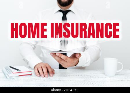 Textüberschrift: Home Insurance, Business Overview behandelt Verlust und Schäden sowie Unfälle im Haus, die Kommunikationstechnik vorstellen Stockfoto