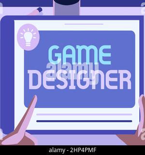 Handschriftenschild Game Designer, Business Showcase Campaigner Pixel Scripting Programmierer Konsolen 3D Grafik Illustration einer Hand mit Big Tablet Stockfoto