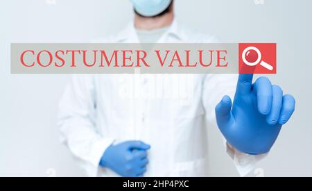 Textunterschrift mit dem Wert des Kunden, Geschäftskonzept Umfang der Vorteile, die Kunden durch den Kauf von Produkten erhalten Arzt erklärt medizinische Begriffe Stockfoto