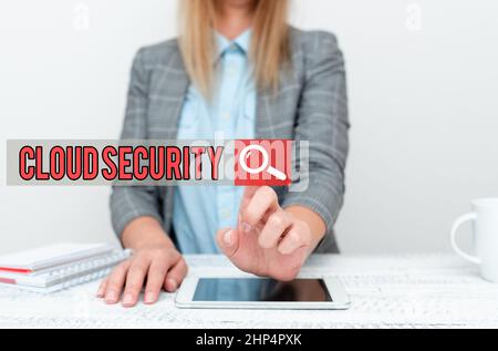 Textschild mit Cloud-Sicherheit, Konzept Bedeutung Schutz der gespeicherten Informationen sicher gesteuerte Technologie Anzeige der neuen Smartphone-Technologie, Disc Stockfoto