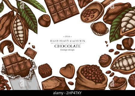Farbige Elemente Design mit Kakaobohnen, Kakao, Schokolade, Schokolade Bonbons Stock Vektor
