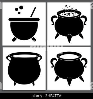 Kessel mit Zaubertrank und leerem Topf. Silhouette halloween Icon Set. Vektorgrafik mit schwarzen Formen isoliert auf weißem Hintergrund. Stock Vektor