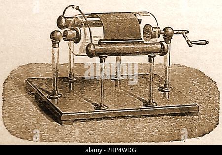 FRÜHE STROMEXPERIMENTE - Eine Gravur eines handbetriebenen Zylinders einer elektrischen Maschine aus dem späten 19th. Jahrhundert. Stockfoto