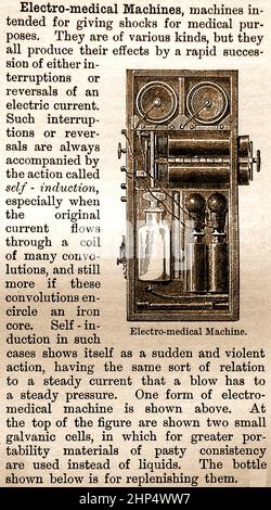 FRÜHE STROMEXPERIMENTE - Ein Stich aus dem späten 19th. Jahrhundert eines Beispiels einer elektromedizinischen Maschine mit Beschreibung. Stockfoto