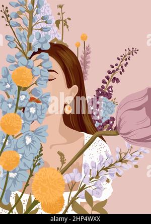 Schönes Mädchen auf einem Hintergrund von Blumen. Modische Vektorgrafik. Stock Vektor