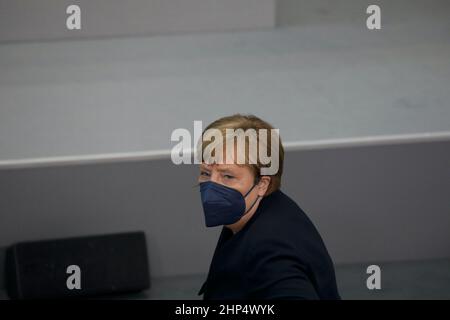 Berlin, 13. Februar 2022. Dr. Angela Merkel, die ehemalige Bundeskanzlerin, bei der Wahl des deutschen Bundespräsidenten. Stockfoto