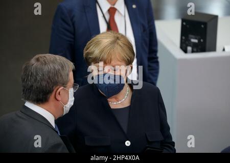 Berlin, 13. Februar 2022. Dr. Angela Merkel, die ehemalige Bundeskanzlerin, bei der Wahl des deutschen Bundespräsidenten. Stockfoto