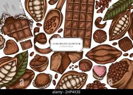 Farbige Elemente Design mit Kakaobohnen, Kakao, Schokolade, Schokolade Bonbons Stock Vektor