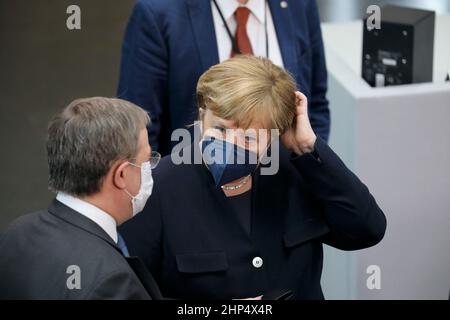 Berlin, 13. Februar 2022. Dr. Angela Merkel, die ehemalige Bundeskanzlerin, bei der Wahl des deutschen Bundespräsidenten. Stockfoto