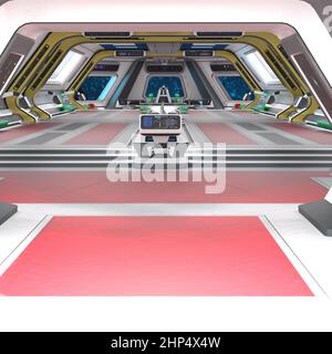 3D-Illustration des Kommandozentrums in einem Science-Fiction-Raumschiff Stockfoto