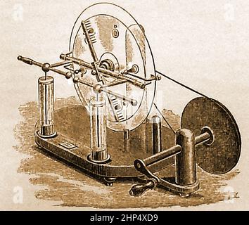 FRÜHE STROMEXPERIMENTE - Eine Gravur der Voss-Einflussmaschine aus dem späten 19th. Jahrhundert Stockfoto