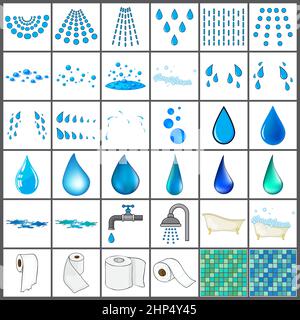 Badsymbol-Set. Vorlage von Wassertropfen und Spray, Dusche, Badewanne, Wasserhahn und Toilettenfliesen. Vektorgrafik isoliert auf Weiß. Stock Vektor