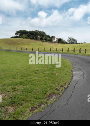 Kurvige Asphaltstraße mit Holzpfosten auf grünem Hügel Stockfoto