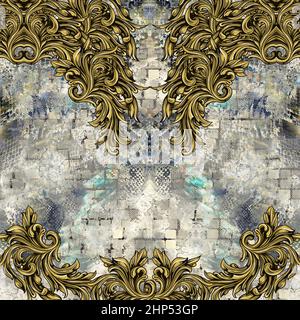 Golden Baroque auf strukturiertem Hintergrund bereit für Textildrucke. Stockfoto