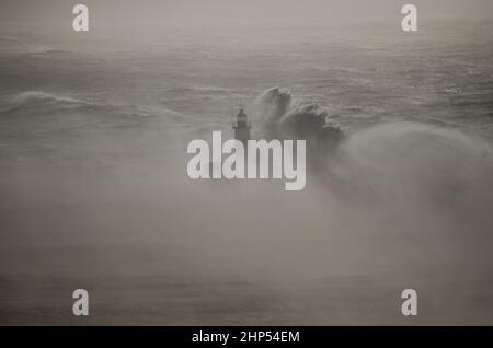 Newhaven, East Sussex, Großbritannien. 18th. Februar 2022. Der Sturm Eunice schlägt die Kanalküste mit seinen westlichen Winden. Der Leuchtturm von Newhaven war während des Ansturms selten zu sehen, als massive Wellen und Spray den West Harbour Arm überschwemmten. Diese Welle ähnelt einem Schwan, der den Leuchtturm umhüllt. Kredit: David Burr/Alamy Live Nachrichten Stockfoto