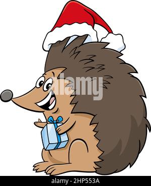 Cartoon Igel Charakter mit Geschenk auf Weihnachtszeit Stock Vektor