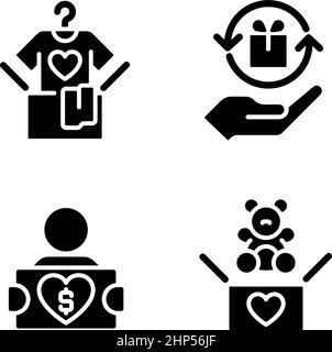 Spenden gebrauchter Waren schwarze Glyphen-Symbole auf weißem Raum gesetzt Stock Vektor