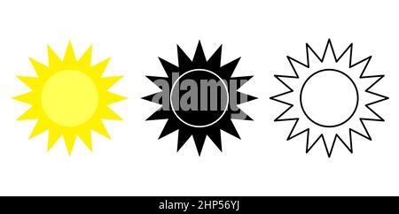 Sun-Symbol gesetzt. Gelbes Design mit Silhouette und Umriss. Vektorgrafik auf Weiß. Stock Vektor