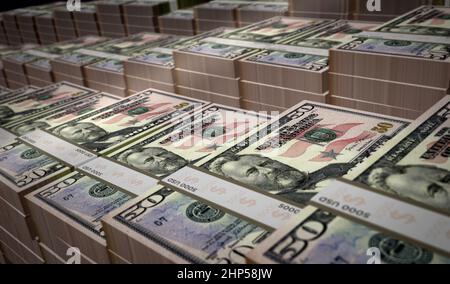 Dollar fünfzig Geld drucken 3D Abbildung. 50 USD Banknote. Konzept von Finanzen, Bargeld, Wirtschaftskrise, Unternehmenserfolg, Rezession, bank, Steuer und deb Stockfoto