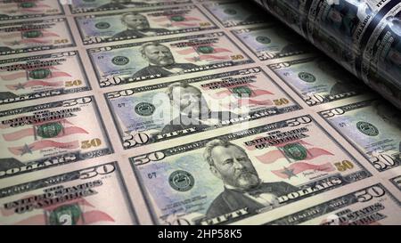 Dollar fünfzig Geld drucken 3D Abbildung. 50 USD Banknote. Konzept von Finanzen, Bargeld, Wirtschaftskrise, Unternehmenserfolg, Rezession, bank, Steuer und deb Stockfoto