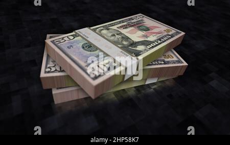 Abbildung: 50-Dollar-Geldpaket 3D. 50 USD Banknotenbündel. Konzept von Finanzen, Bargeld, Wirtschaftskrise, Unternehmenserfolg, Rezession, bank, t Stockfoto