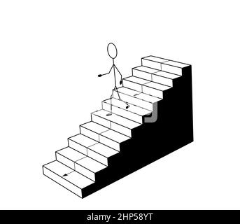 Eine Person, die die Treppe hinunter läuft. 3D Schwarz-Weiß-Darstellung Stockfoto