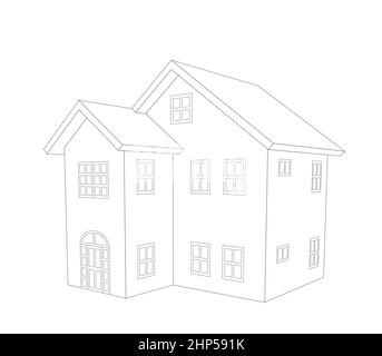 3D perspektivische Ansicht eines zweistöckigen Hauses, einfaches Design detaillierte Architekturzeichnung Stockfoto