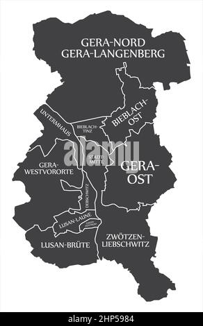 Gera Stadtplan Deutschland DE beschriftete schwarze Illustration Stock Vektor