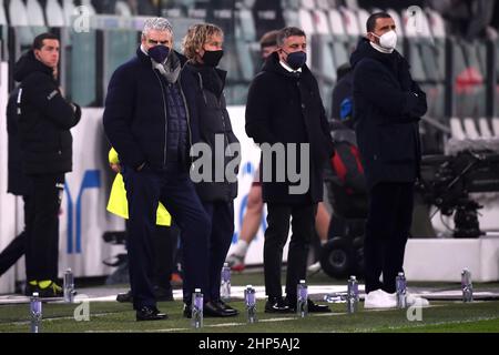 Turin, Italien. 18th. Februar 2022. Maurizio Arrivabene und Pavel Nedven vor dem Fußballspiel der Serie A 2021/2022 zwischen dem FC Juventus und dem FC Turin im Juventus-Stadion in Turin (Italien), 18h. Februar 2022. Foto Federico Tardito/Insidefoto Kredit: Insidefoto srl/Alamy Live News Stockfoto