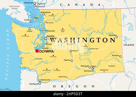 Washington, WA, politische Landkarte, US-Bundesstaat, Evergreen State Stock Vektor