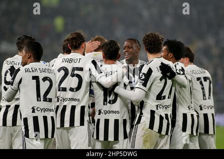 Turin, Italien. 18th. Februar 2022. Juventus FC feiert das Tor beim Spiel Juventus FC gegen Turin, italienische Fußballserie A in Turin, Italien, Februar 18 2022 Quelle: Independent Photo Agency/Alamy Live News Stockfoto