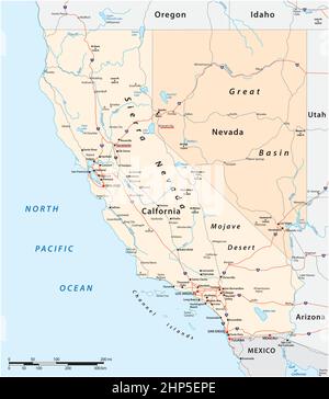 Vektor-Straßenkarte der US-Bundesstaaten Kalifornien und Nevada Stock Vektor