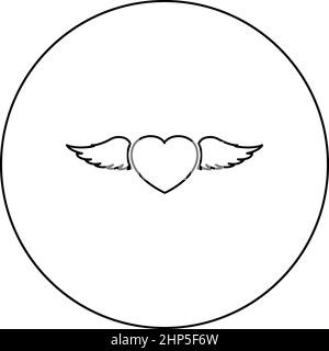 Herz mit Engelsflügeln fliegende Feder Symbol im Kreis rund schwarz Farbe Vektor Illustration solide Kontur Stil Bild Stock Vektor