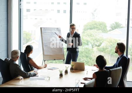 Diskussion neuer Erfolgsstrategien. Aufnahme einer Gruppe von Führungskräften, die in einem Sitzungssaal ein Meeting abhalten. Stockfoto