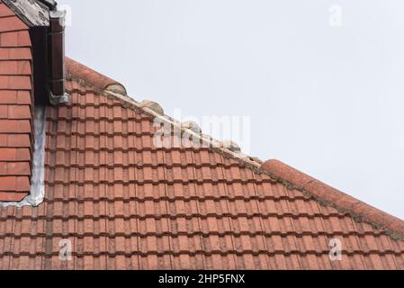 Schäden durch Sturm Eunice in Southend on Sea, Essex, Großbritannien. Dachziegel durch starken Wind abgeblasen. Fehlende Kacheln Stockfoto