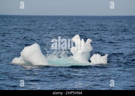 Wellen, die gegen einen kleinen Eisberg krachen, der im Meer in der Nähe von St. John's, Neufundland, schwimmt Stockfoto
