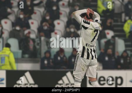 Turin, Italien. 18th. Februar 2022. DuÅ¡ein Vlahovic (Juventus FC) enttäuscht während des Spiels Juventus FC gegen Turin, italienische Fußballserie A in Turin, Italien, Februar 18 2022 Quelle: Independent Photo Agency/Alamy Live News Stockfoto
