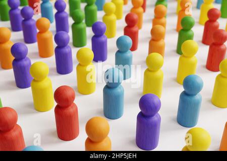 Diversity, Equality and Representation Konzept. Holzpuppe Figuren in verschiedenen Schattierungen. 3D Rendern. Stockfoto